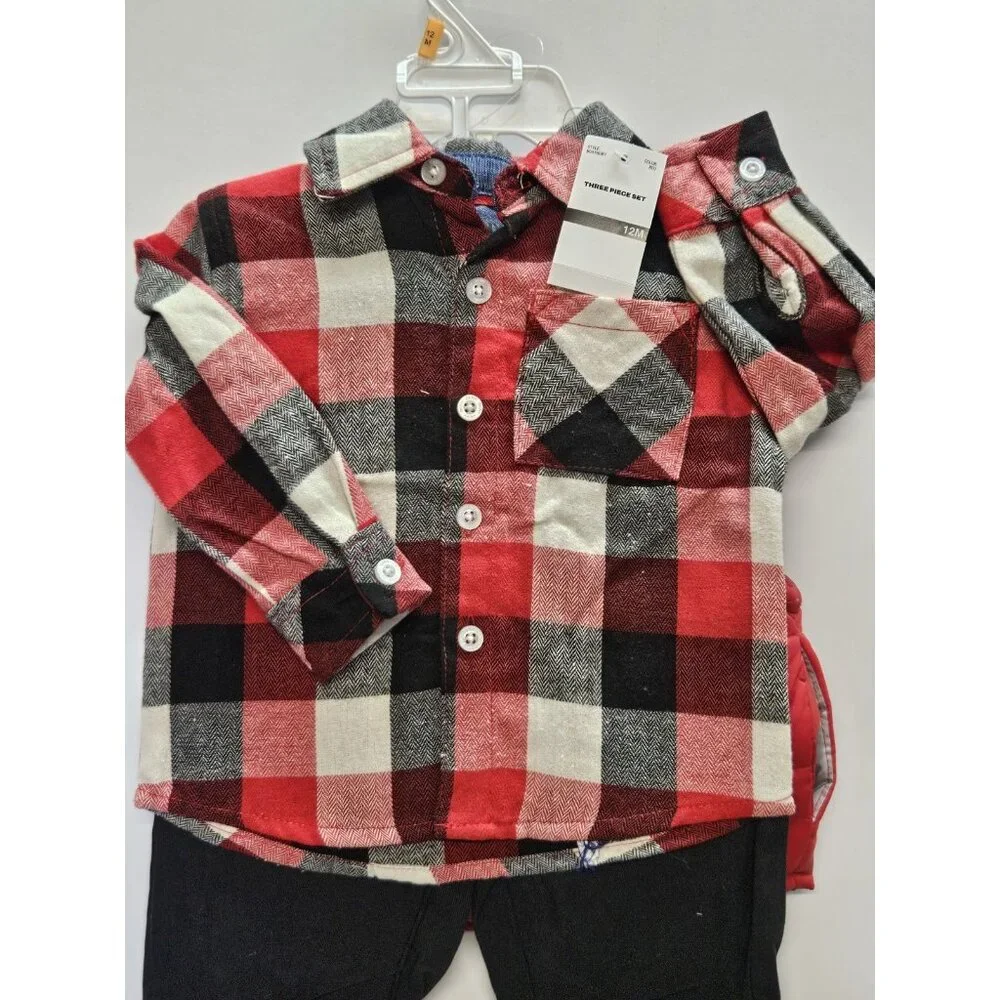 DKNY Size 12M Set Of 3, Red Vest/ Black Pants/ Red Plaid Button Up Long‎ Sleeve
